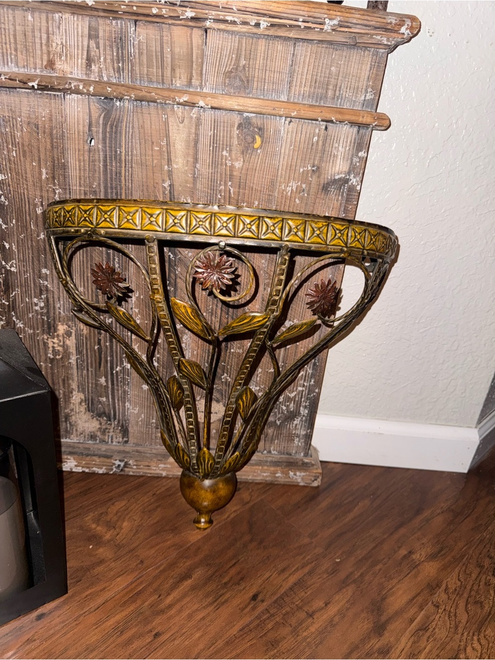 Oil Rubbed Bronze Ornate Metal Shelf with Floral Motif - Gold and Brown